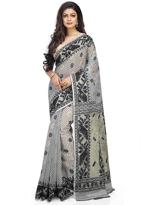 White Jamdani Art Silk Saree
