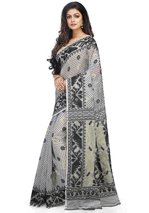 White Jamdani Art Silk Saree