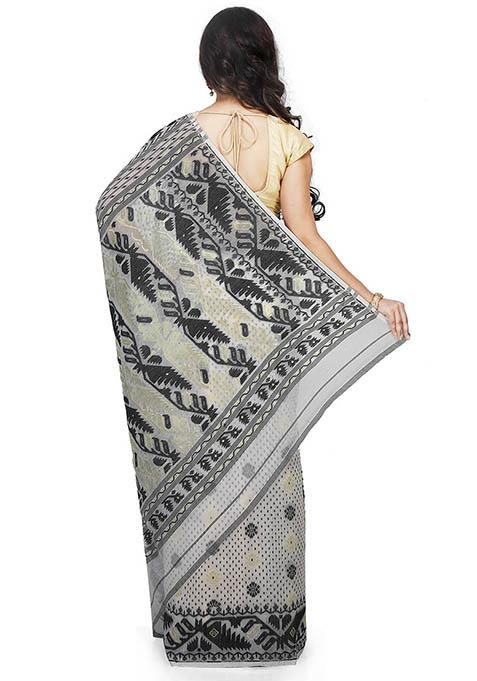 White Jamdani Art Silk Saree