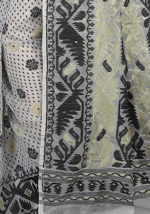 White Jamdani Art Silk Saree