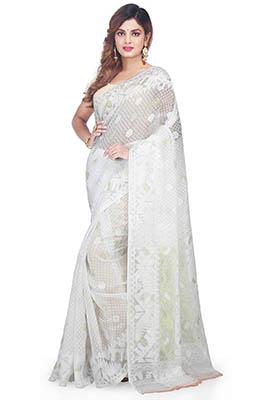 White Jamdani Art Silk Saree