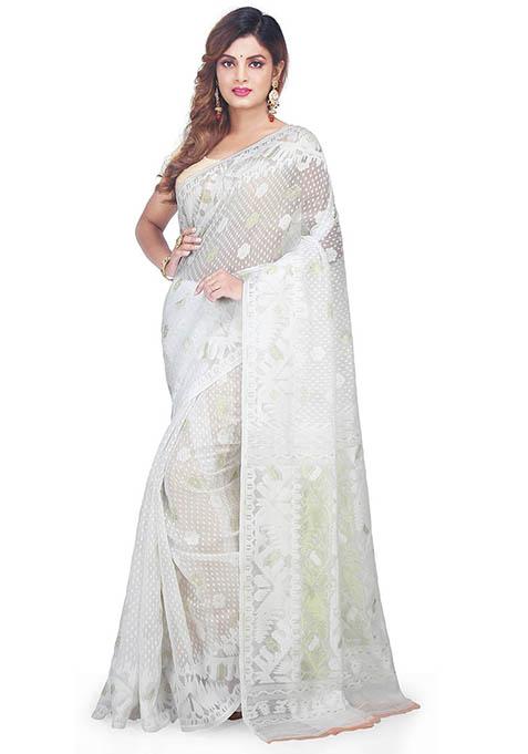 White Jamdani Art Silk Saree
