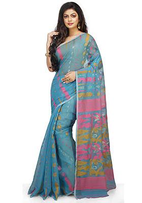 Sky Blue Jamdani Art Silk Saree