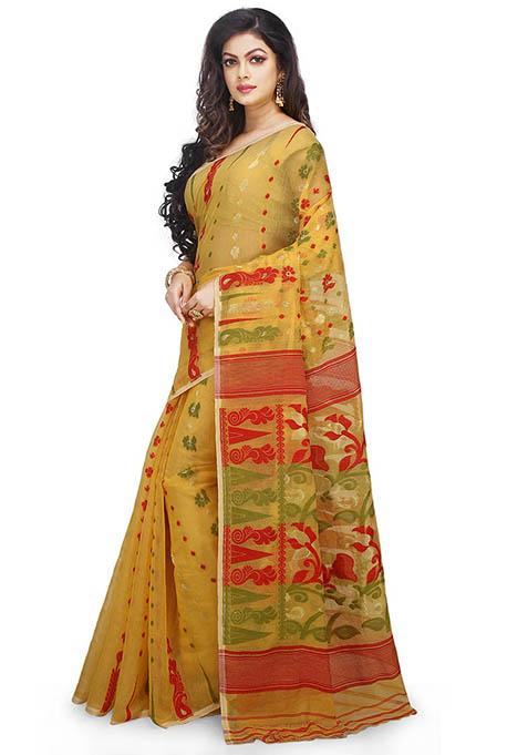 Yellow Jamdani Art Silk Saree