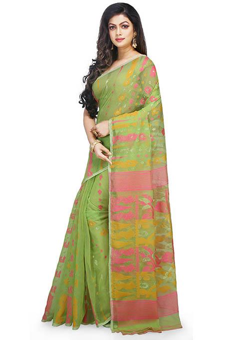 Green Jamdani Art Silk Saree