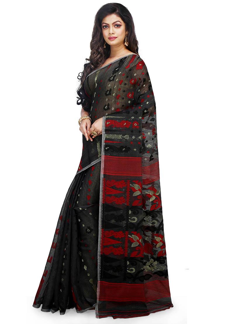 Black Jamdani Art Silk Saree - Indya