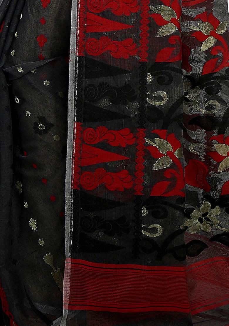 Black Jamdani Art Silk Saree - Indya