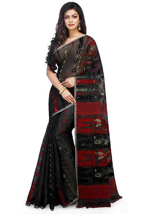 Black Jamdani Art Silk Saree