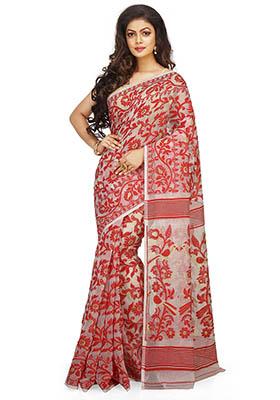 White Jamdani Art Silk Saree