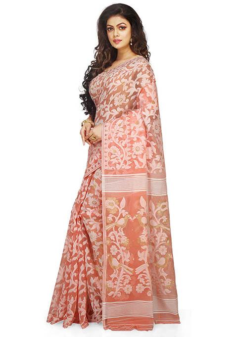 White Jamdani Art Silk Saree