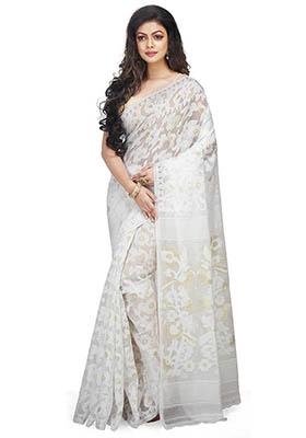 White Jamdani Art Silk Saree