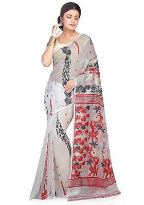 White Jamdani Art Silk Saree