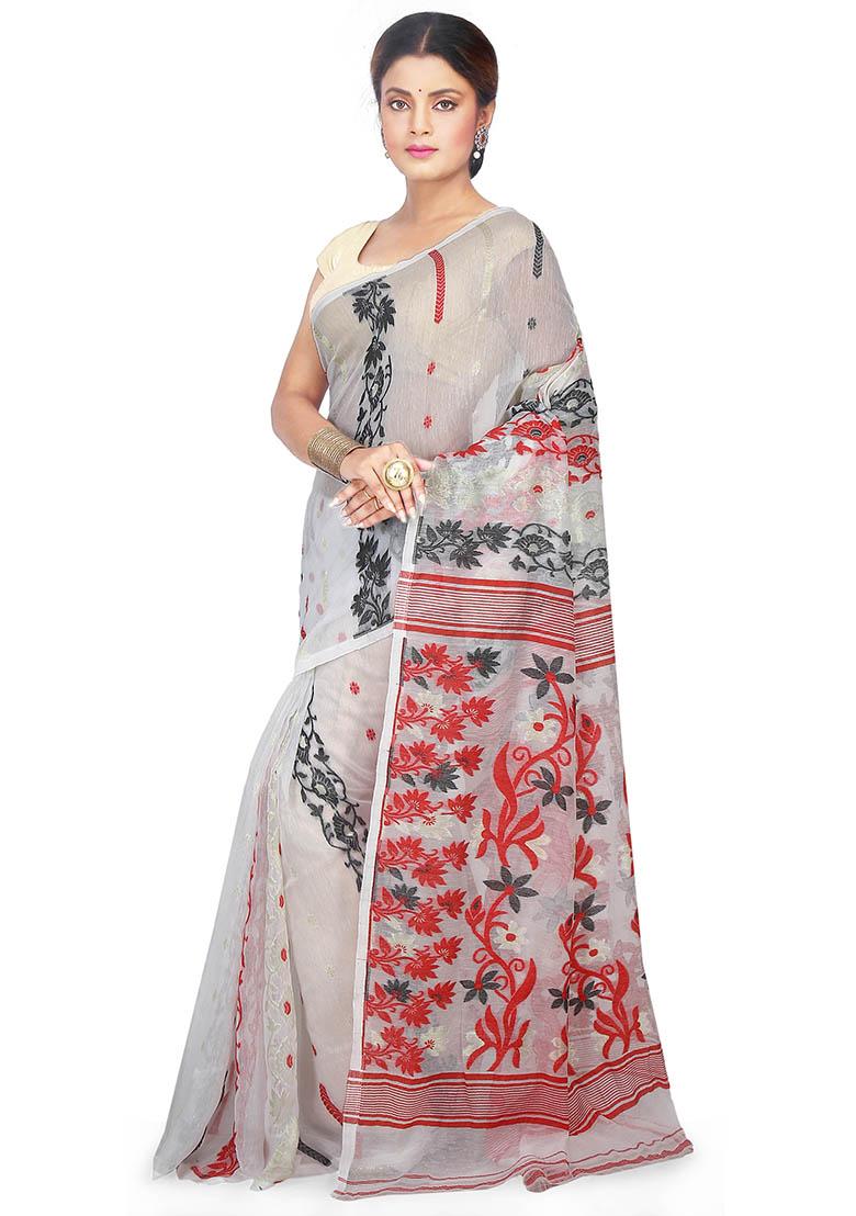 White Jamdani Art Silk Saree