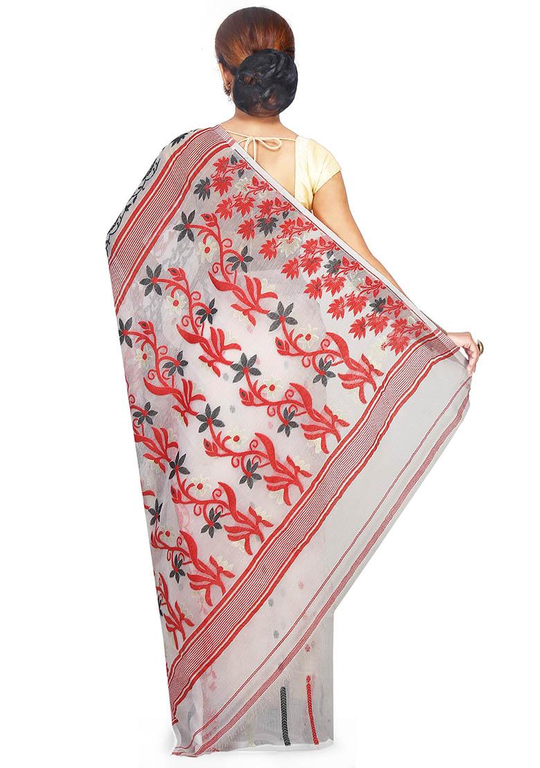 White Jamdani Art Silk Saree