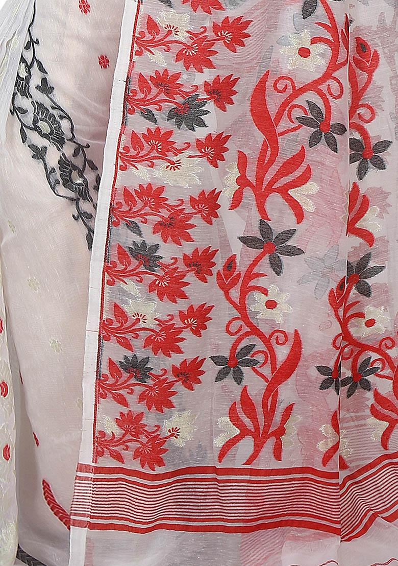 White Jamdani Art Silk Saree