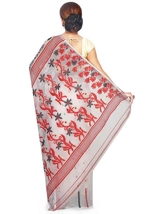 White Jamdani Art Silk Saree