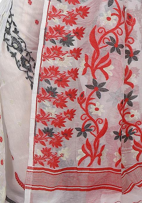 White Jamdani Art Silk Saree