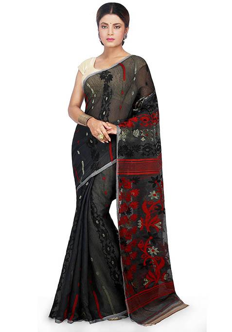 Black Jamdani Art Silk Saree