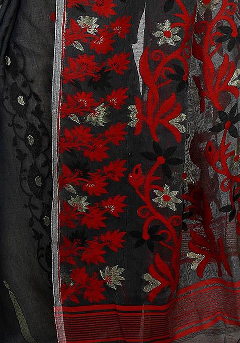 Black Jamdani Art Silk Saree