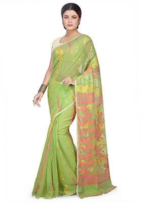 Green Jamdani Art Silk Saree