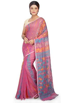 Pink Jamdani Art Silk Saree