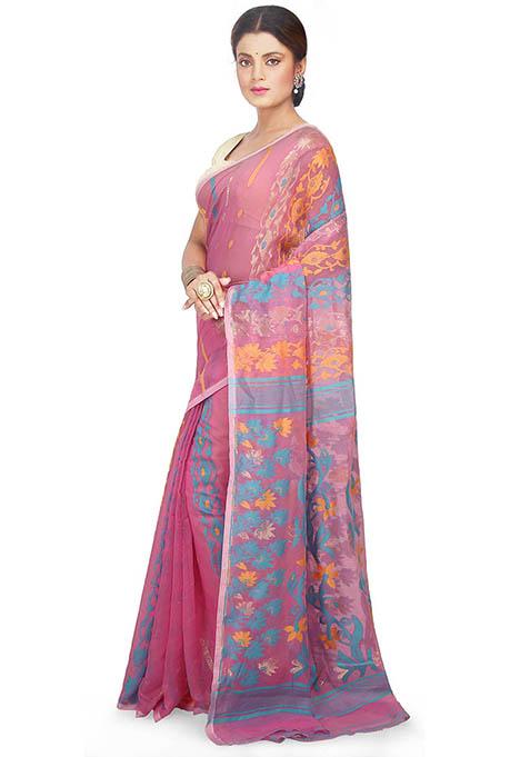 Pink Jamdani Art Silk Saree