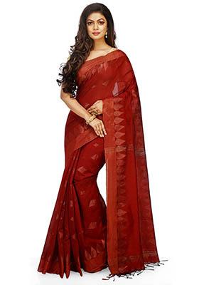 Rust Red Embroidered Art Silk Saree Set