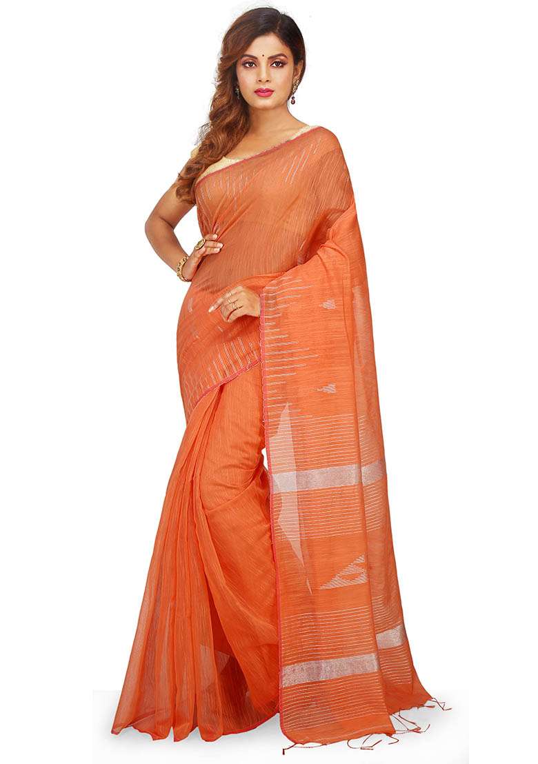 Orange Embroidered Art Silk Blend Saree Set for Diwali and Festive Wear - Indya