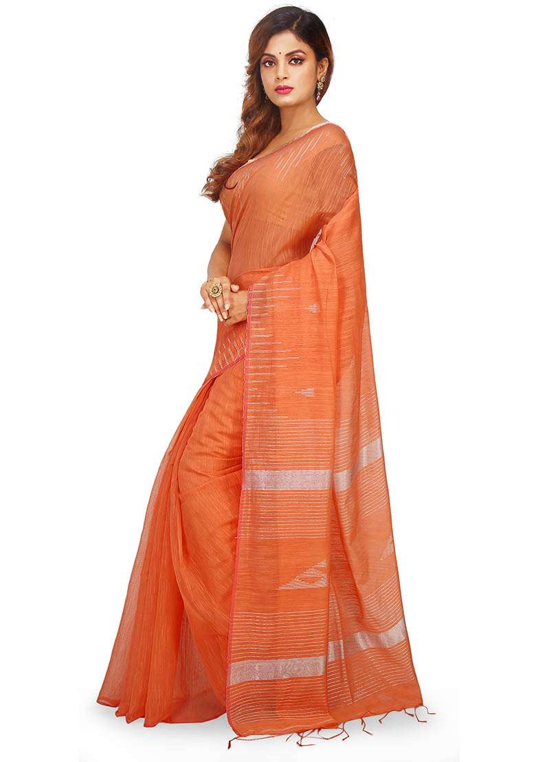 Orange Embroidered Art Silk Blend Saree Set for Diwali and Festive Wear - Indya