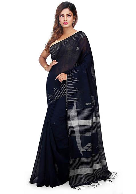 Black Embroidered Art Silk Saree Set
