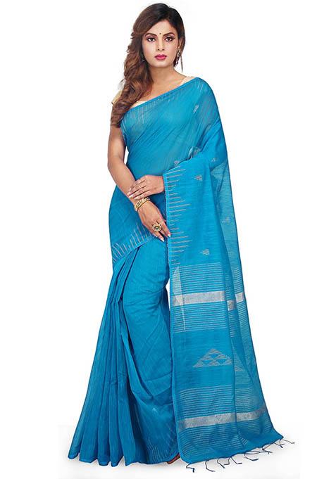 Turquoise Embroidered Art Silk Saree Set
