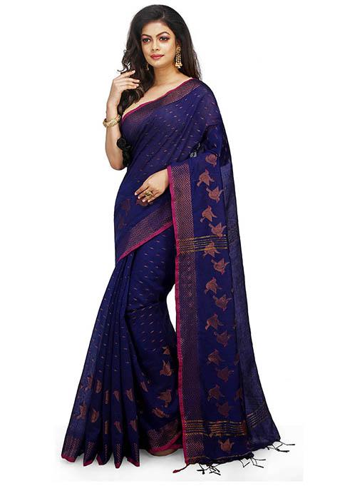 Blue Embroidered Art Silk Saree Set