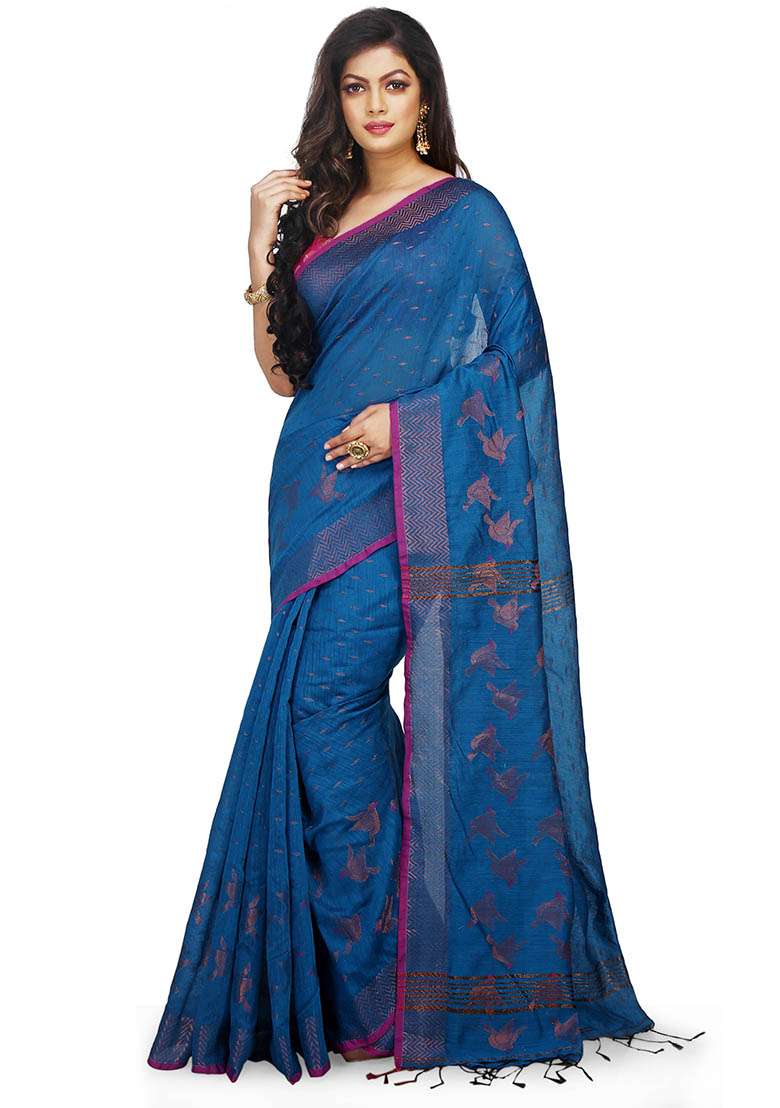 Turquoise Embroidered Art Silk Saree Set - Indya