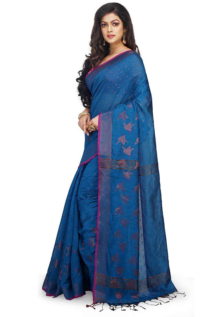 Turquoise Embroidered Art Silk Saree Set - Indya