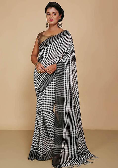 White Embroidered Cotton Saree Set