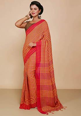 Yellow Embroidered Cotton Saree Set