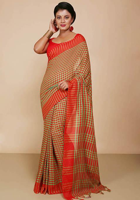 Red Embroidered Cotton Saree Set