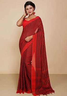 Red Embroidered Cotton Saree Set