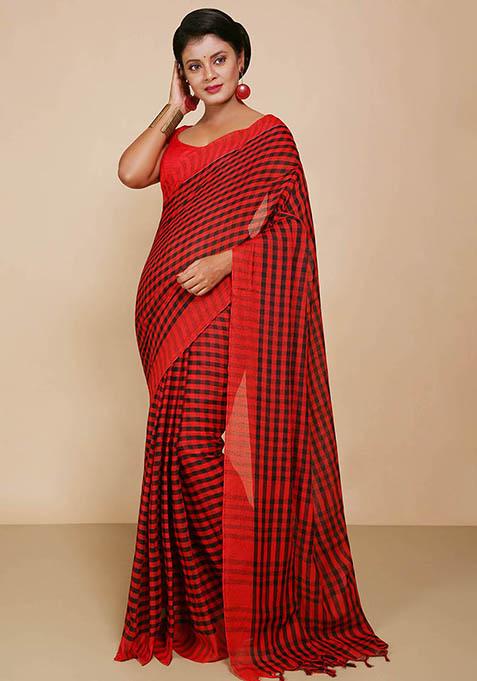 Red Embroidered Cotton Saree Set