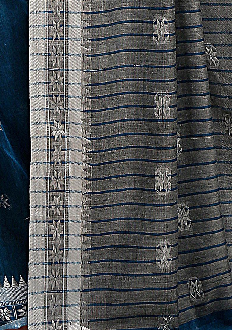 Blue Printed Cotton Saree Set - Indya