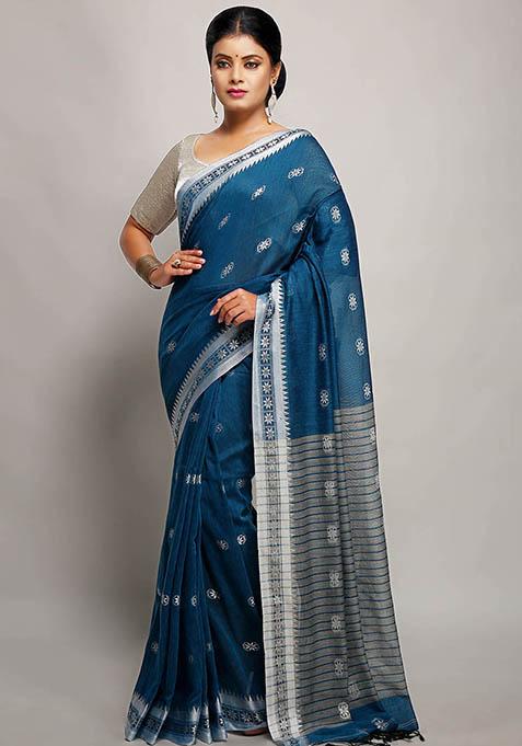 Blue Printed Cotton Saree Set