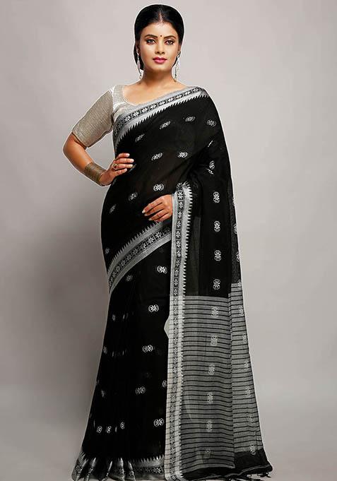 Black Printed Cotton Saree Set