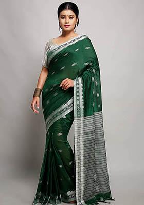 Green Printed Cotton Saree Set