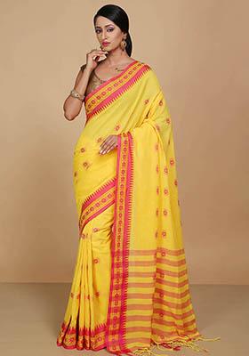 Yellow Printed Cotton Saree Set