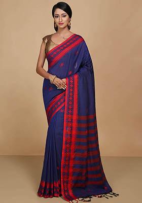 Navy Blue Printed Cotton Saree Set