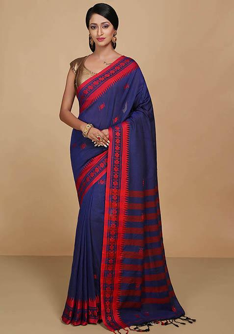 Navy Blue Printed Cotton Saree Set