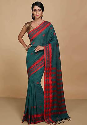 Deep Green Printed Cotton Saree Set