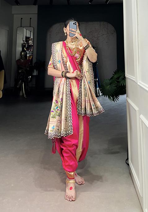 Pink Zari Embroidered Jacquard Saree Set