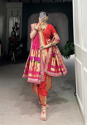 Red Zari Embroidered Jacquard Saree Set