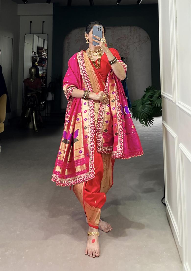 Red Zari Embroidered Jacquard Saree Set